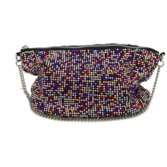 Aqua Crystal Mesh Beaded Mini Shoulder Bag Clutch Purse in Rainbow New - Picture 10 of 14